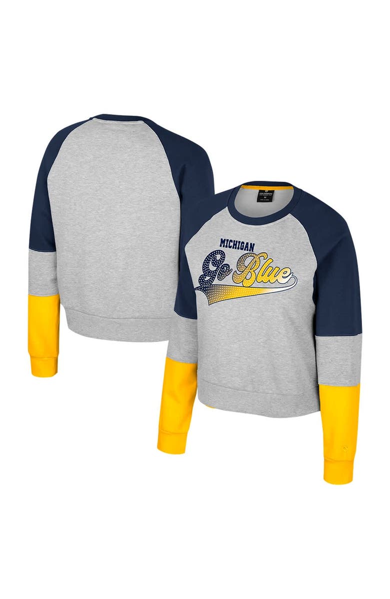 COLOSSEUM Girls Youth Colosseum Heather Gray Michigan Wolverines Katinka Rhinestone Pullover Sweatshirt, Main, color, Heather Gray