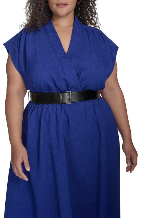 Calvin Klein Crosshatch Cap Sleeve Belted Midi Dress In Ultramarine