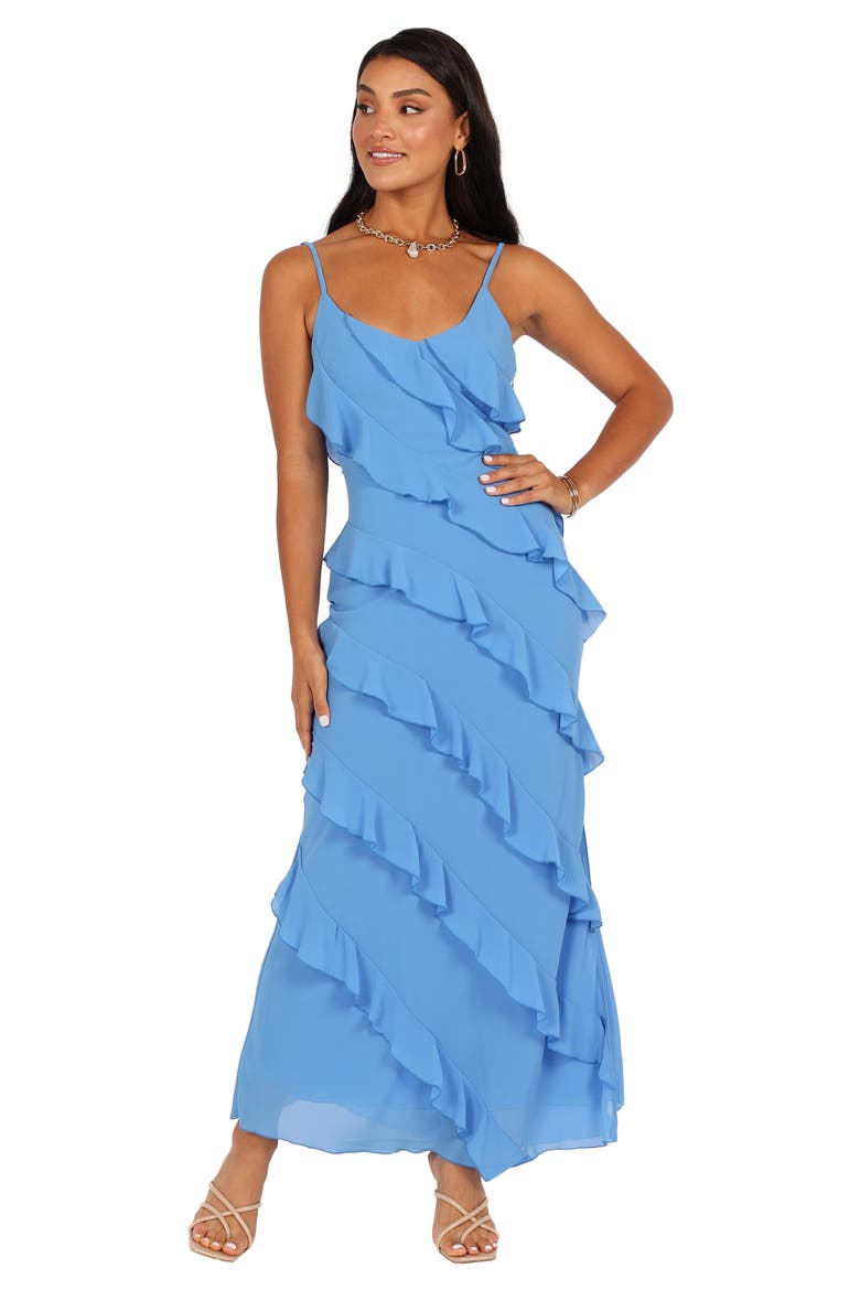 Ciao Ruffle Chiffon Gown, Alternate, color, BLUE