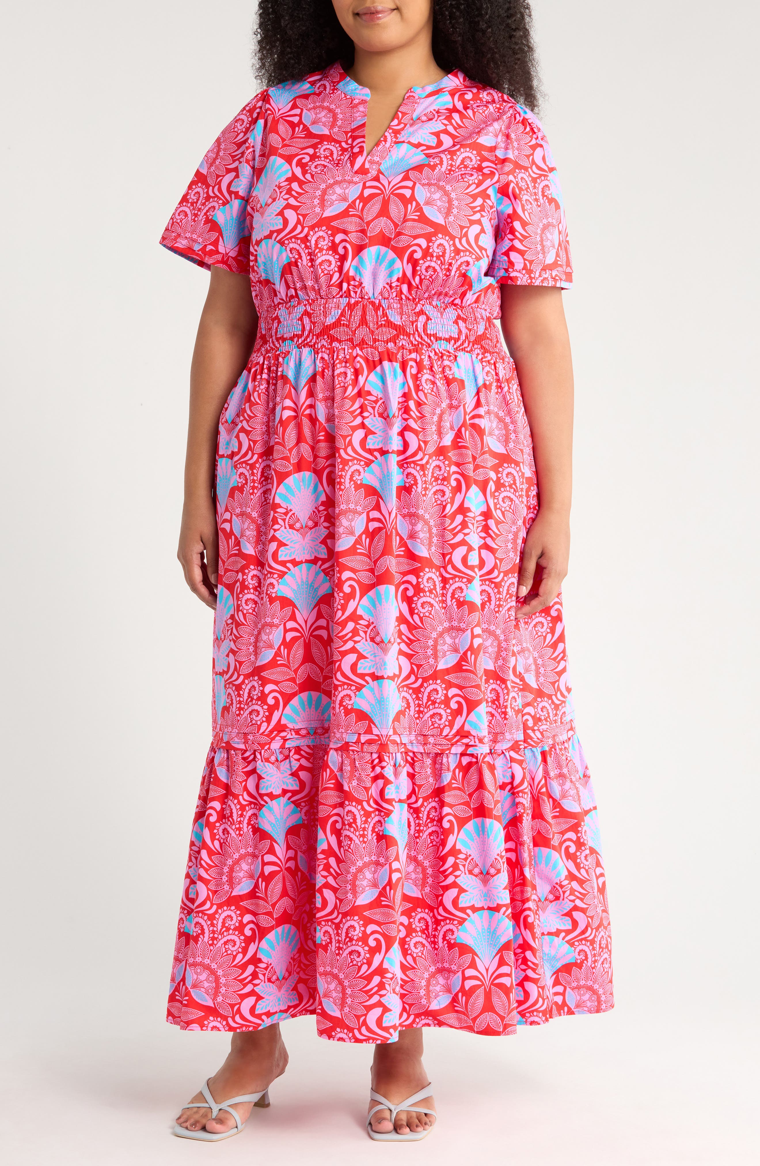 SUGARLIPS Radiant Floral Cotton Poplin Maxi Dress in Blue/Pink/Red 