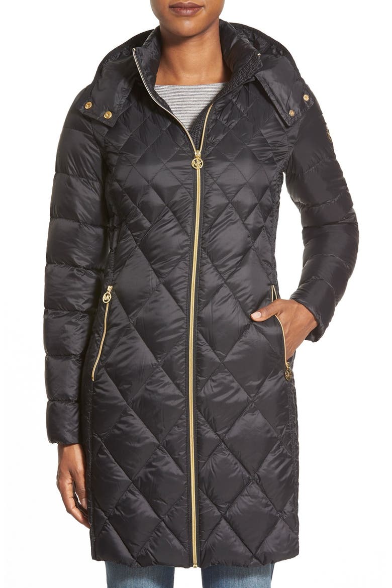 Packable Diamond Quilted Down Coat, Main, color, BLACK