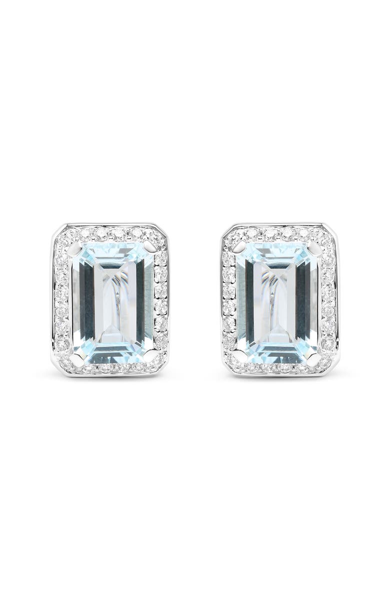 Haus of Brilliance 18K White Gold 3/4 Ct Diamond & Blue Aquamarine Gemstone Halo Omega Stud Earrings, Main, color, White