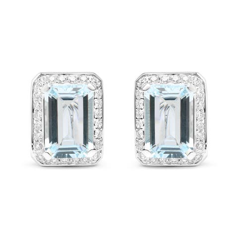 18K White Gold 3/4 Ct Diamond & Blue Aquamarine Gemstone Halo Omega Stud Earrings