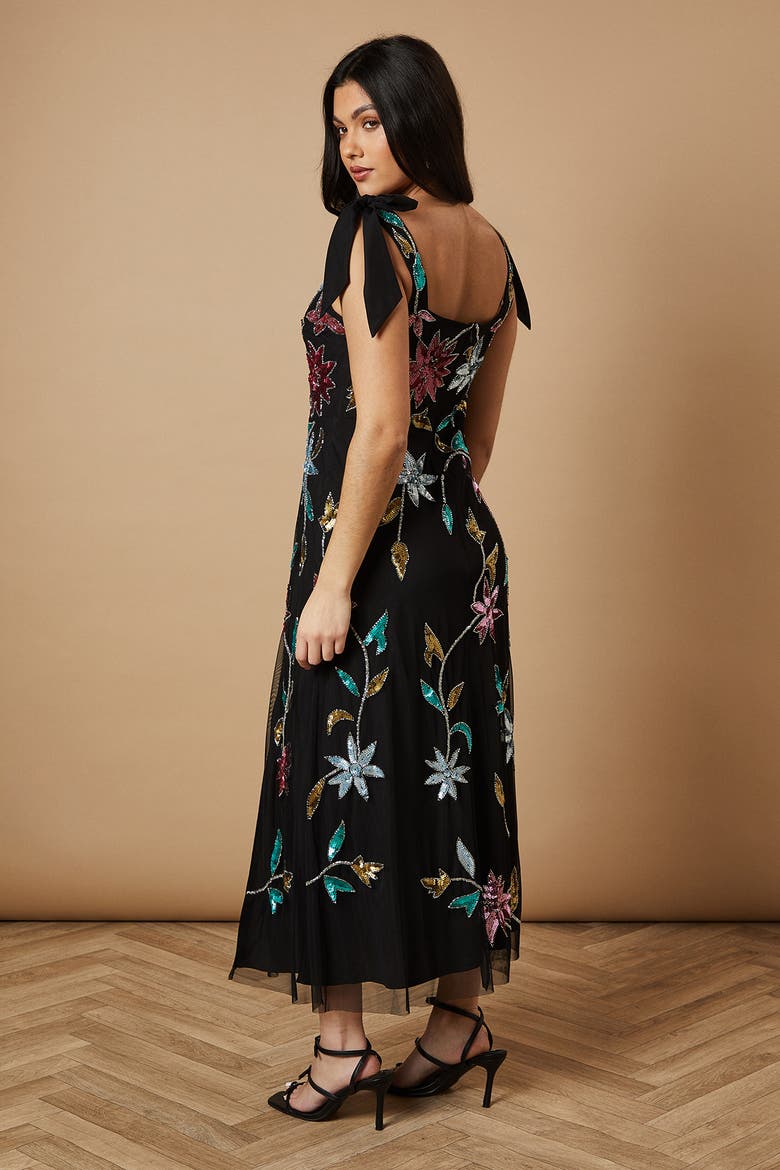 Floral Embellished Split Midi Dress, Alternate, color, Black