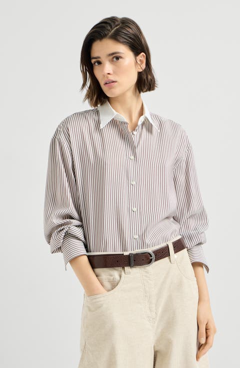 Striped silk poplin shirt with monili