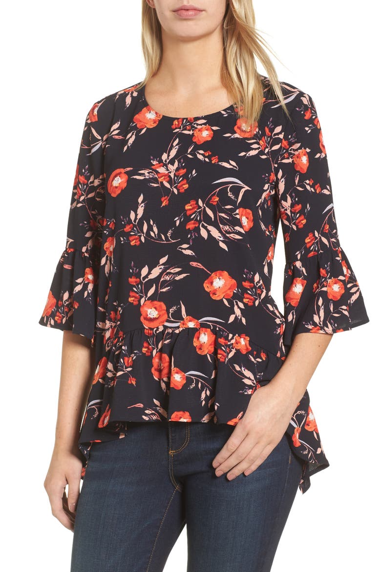 Gibson Ruffled Handkerchief Hem Top, Main, color, NAVY/ FLORAL PRINT
