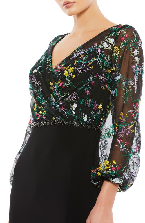 Mac Duggal Embroidered Illusion Puff Sleeve Column Gown In Black Multi