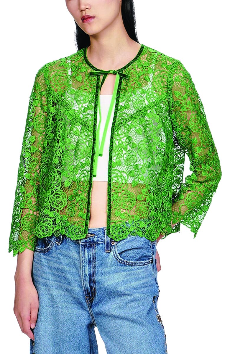 Anna Sui Rose Crochet Lace Bed Jacket, Alternate, color, Leaf Green
