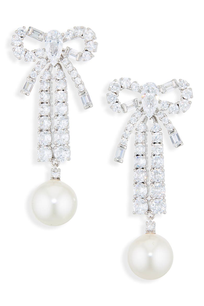 Melody Cubic Zirconia Bow Linear Drop Earrings, Main, color, RHODIUM