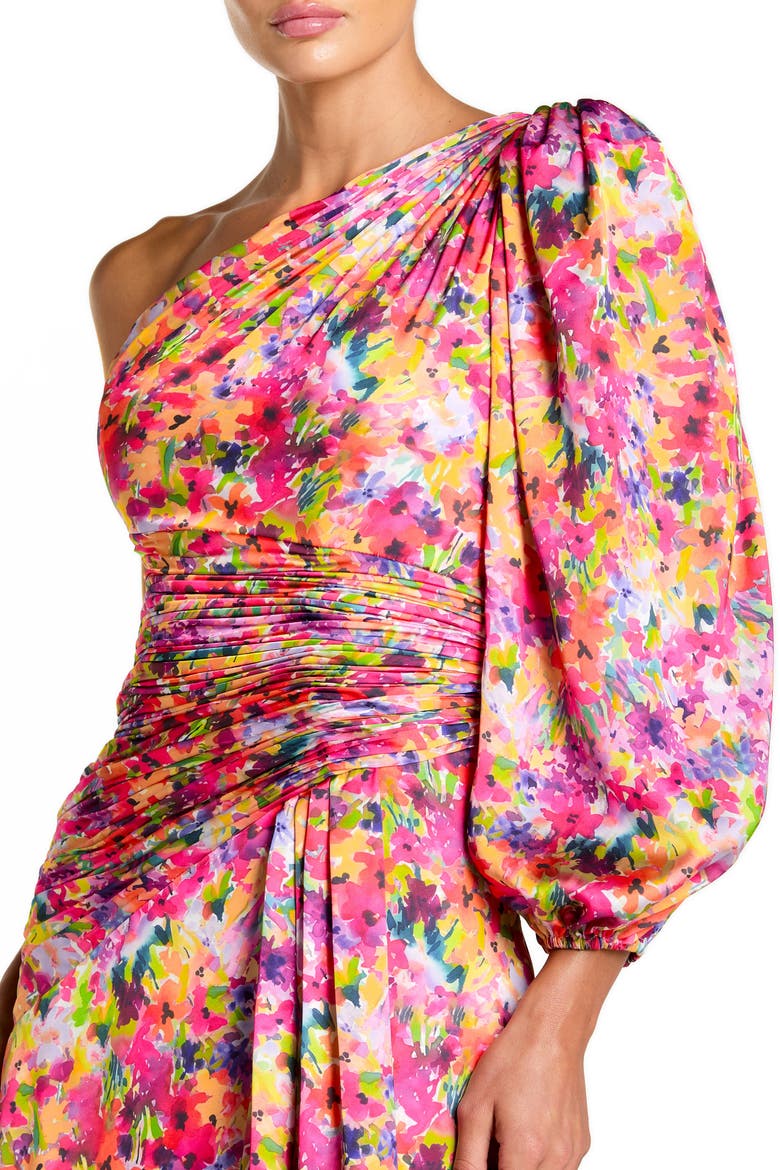 Floral One-Sleeve Charmeuse Gown with Slit, Alternate, color, Multi