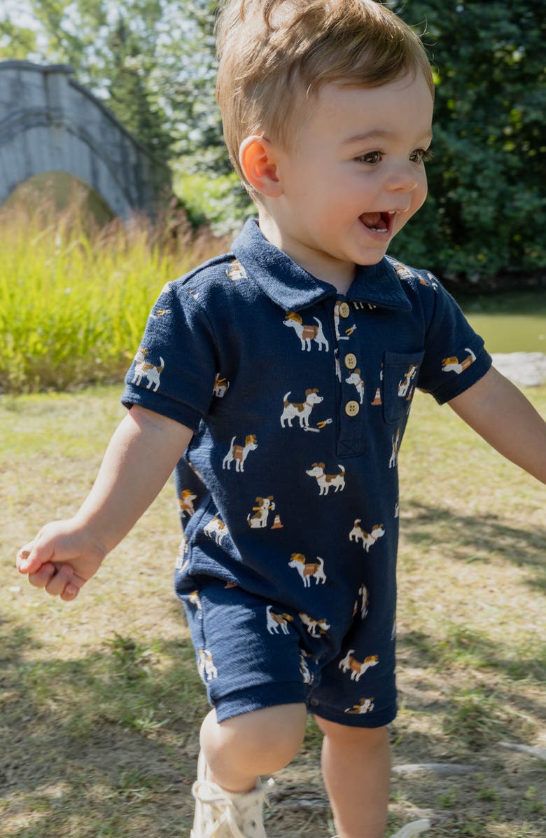 Petit Lem Pups At Work Organic Cotton Polo Romper, Alternate, color, Navy
