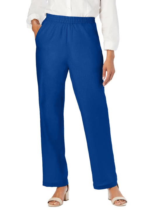 Jessica London Lightweight Linen-blend Straight-leg Pants In Blue