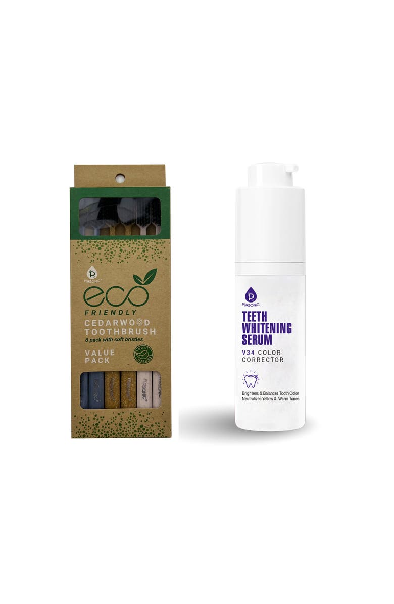 PURSONIC Elevate Your Smile Natural Cedarwood Toothbrushes (6-Pack) & V34 Whitening Serum Bundle, Main, color, Multicolor