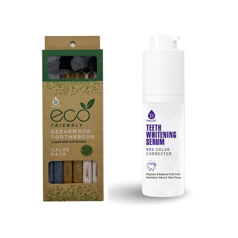 Elevate Your Smile Natural Cedarwood Toothbrushes (6-Pack) & V34 Whitening Serum Bundle