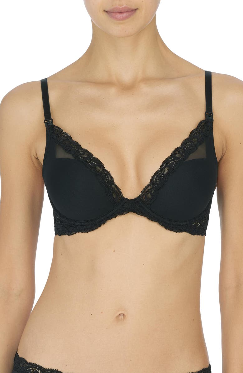 Natori Feathers Lace Plunge Nursing T-Shirt Bra, Main, color, Black