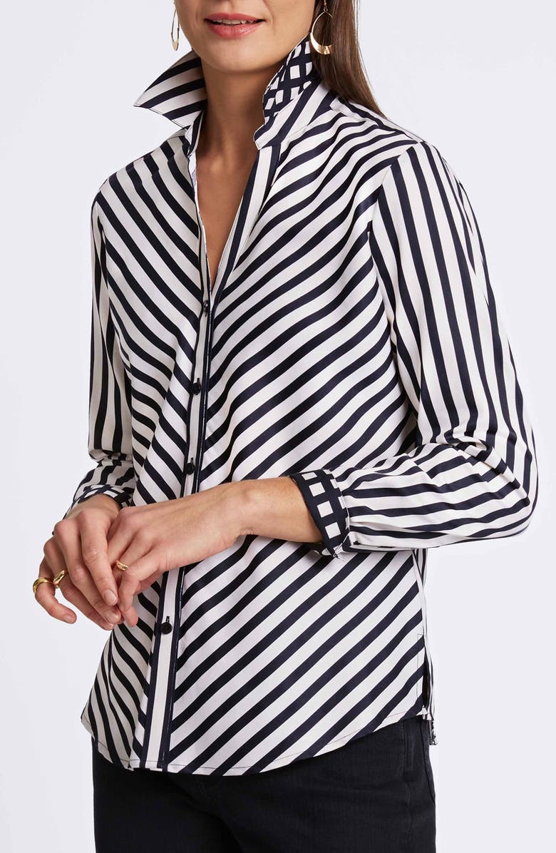 Foxcroft Mary Stripe Long Sleeve Cotton Sateen Button-Up Shirt, Alternate, color, Silver Birch Stripe/Black