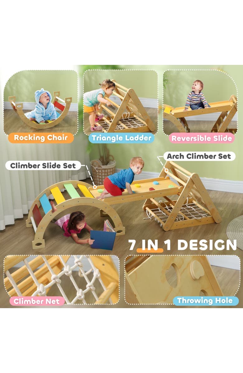 Qaba Pikler Triangle Set, 7 in 1 Indoor Toddler Climbing Toys, Montessori Set, Alternate, color, 