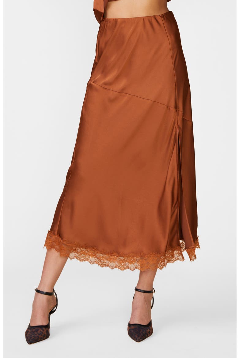Lace Trim Satin Midi Skirt, Alternate, color, CARAMEL
