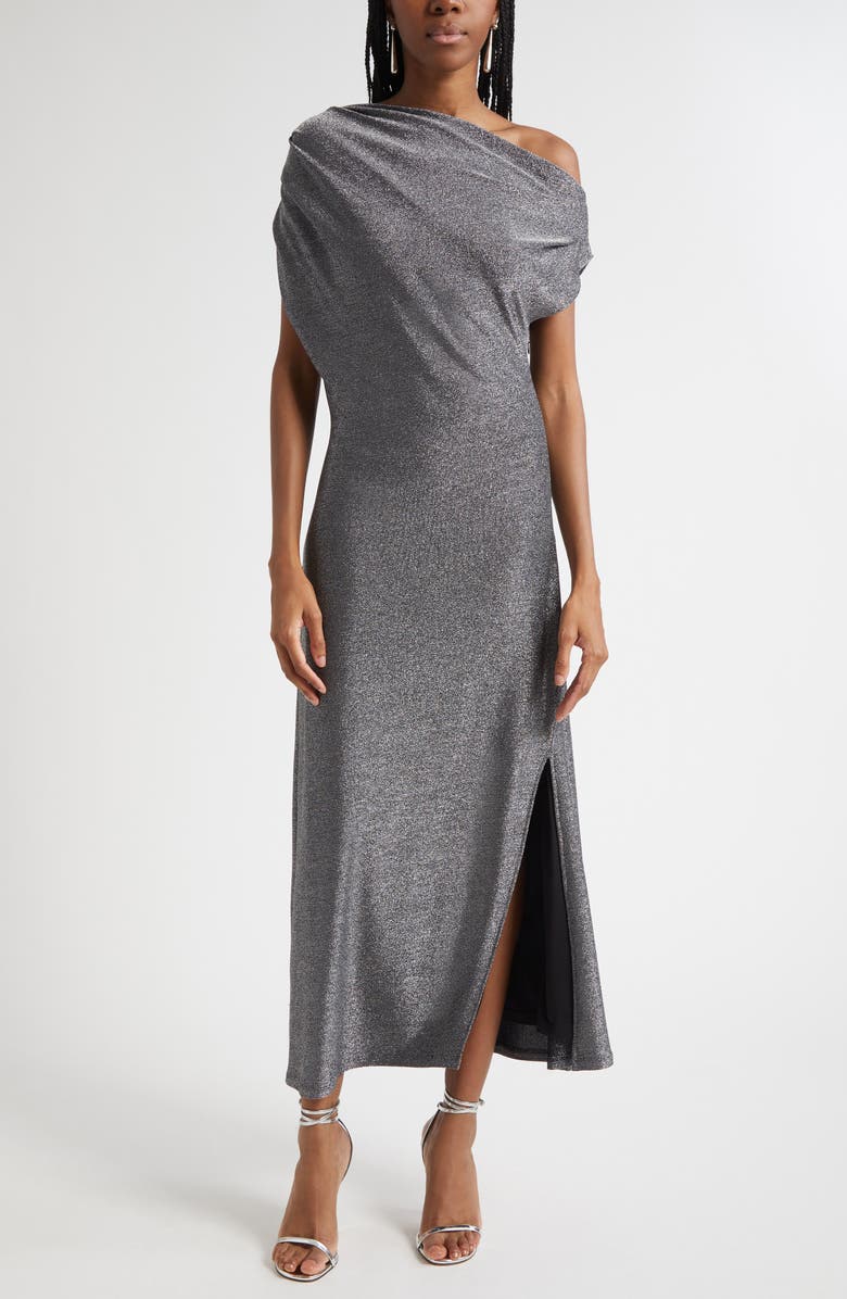 Ramy Brook Chet Rocker Metallic One-Shoulder Maxi Dress, Main, color, Silver Knit