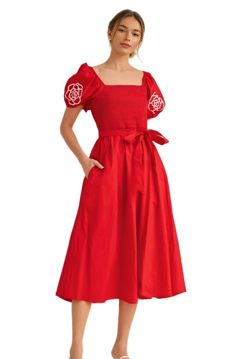 Knit and Lounge Puff Sleeve Smocked Bodice Midi Dress, Main, color, Red