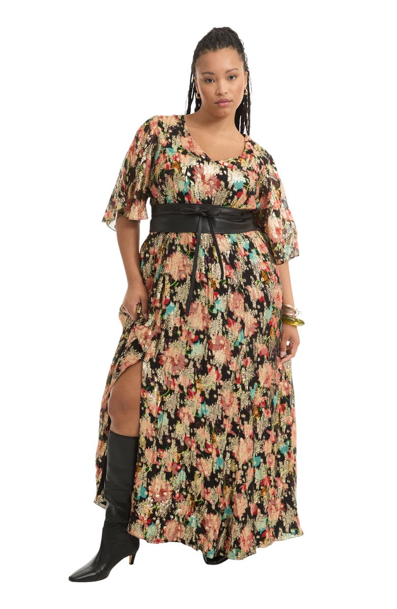 June + Vie Metallic Printed Maxi Dress, Main, color, Black Textured Wallflower