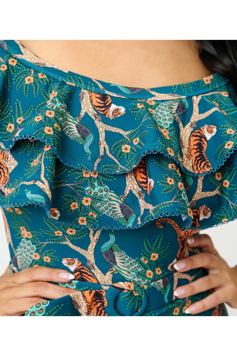 Off Shoulder Nantucket Swimsuit, Alternate, color, Teal Tiger Print
