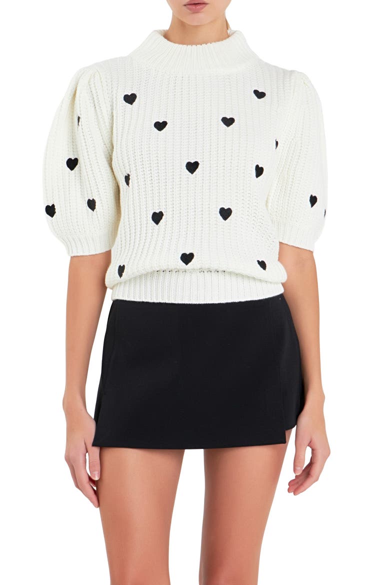 Heart Embroidered Puff Sleeve Sweater, Main, color, WHITE/ BLACK