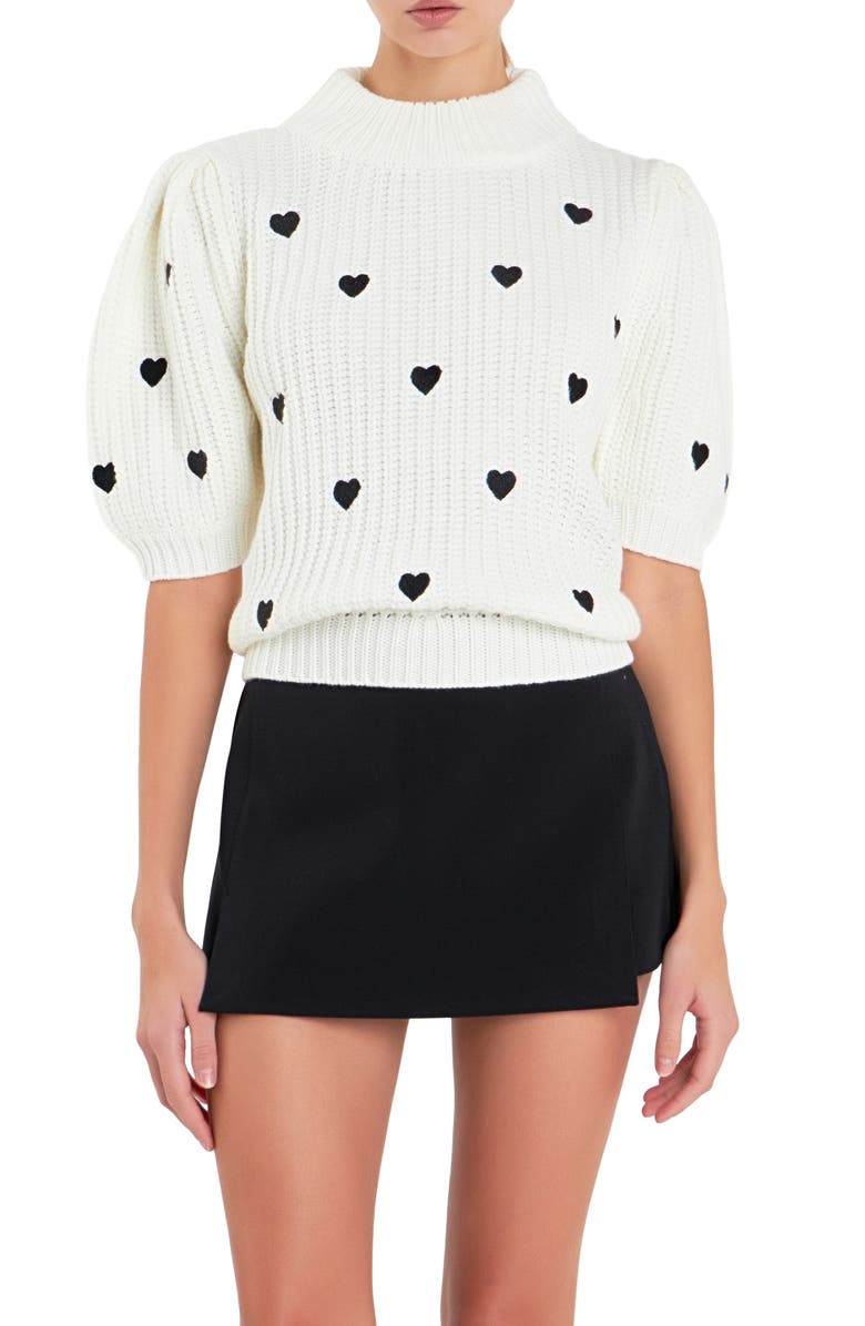 English Factory Heart Embroidered Puff Sleeve Sweater, Main, color, 