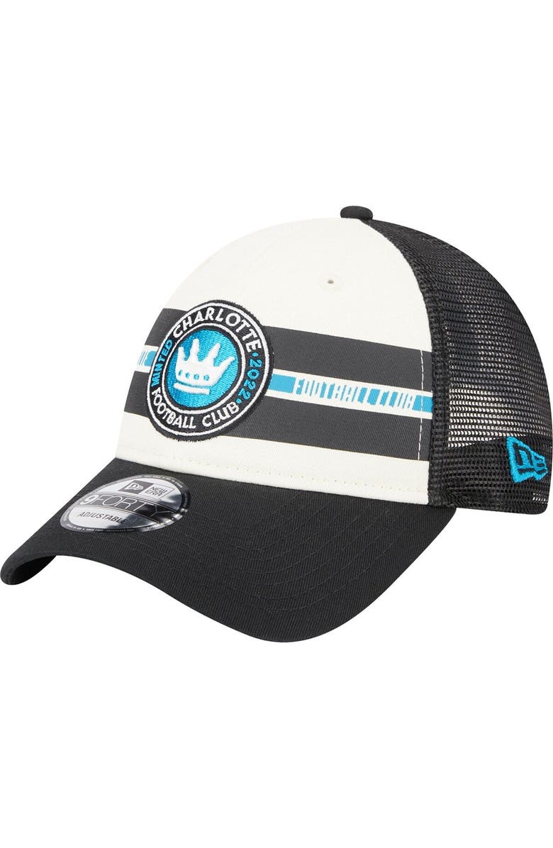 New Era Men's New Era White/Black Charlotte FC Team Stripes 9FORTY Trucker Snapback Hat, Main, color, White