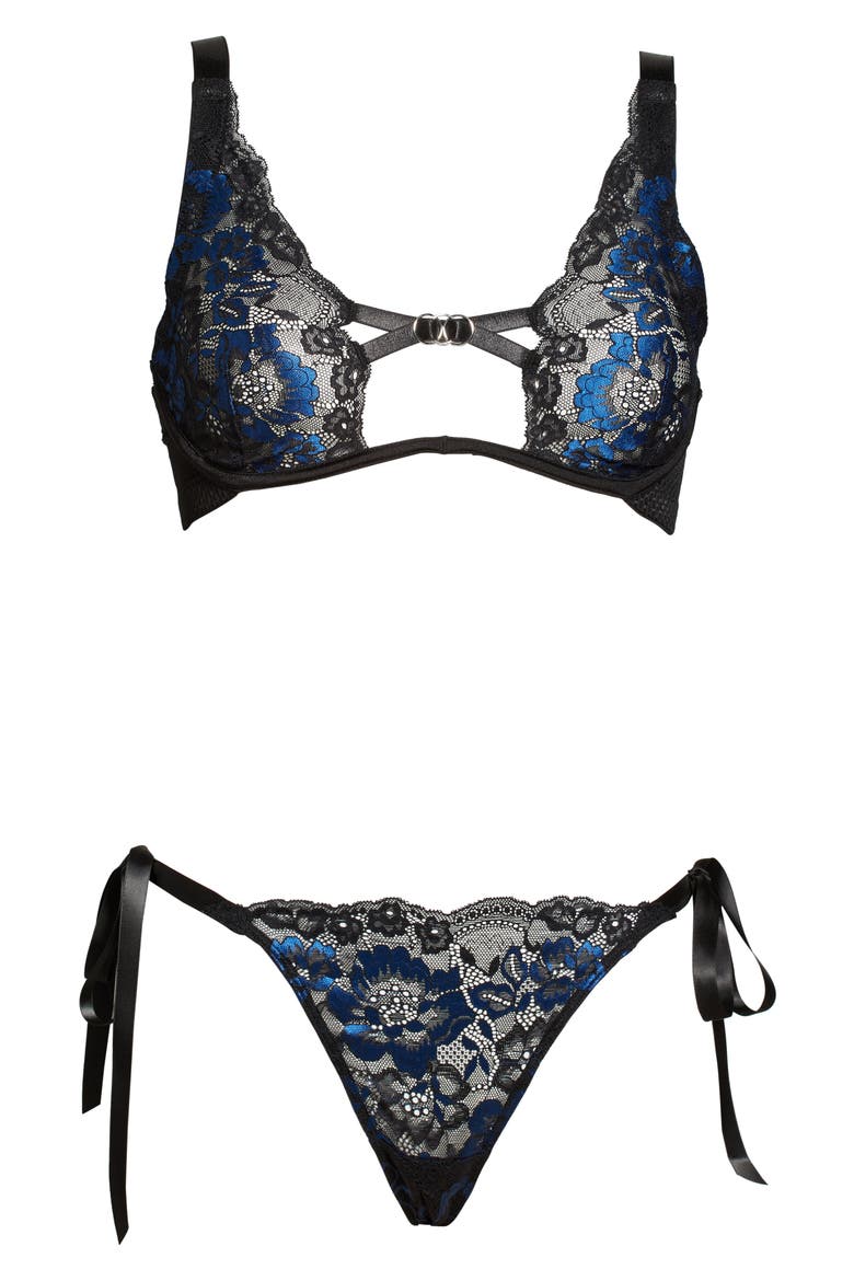 Floral Lace Underwire Bra and Side Tie Panties, Main, color, BLACK