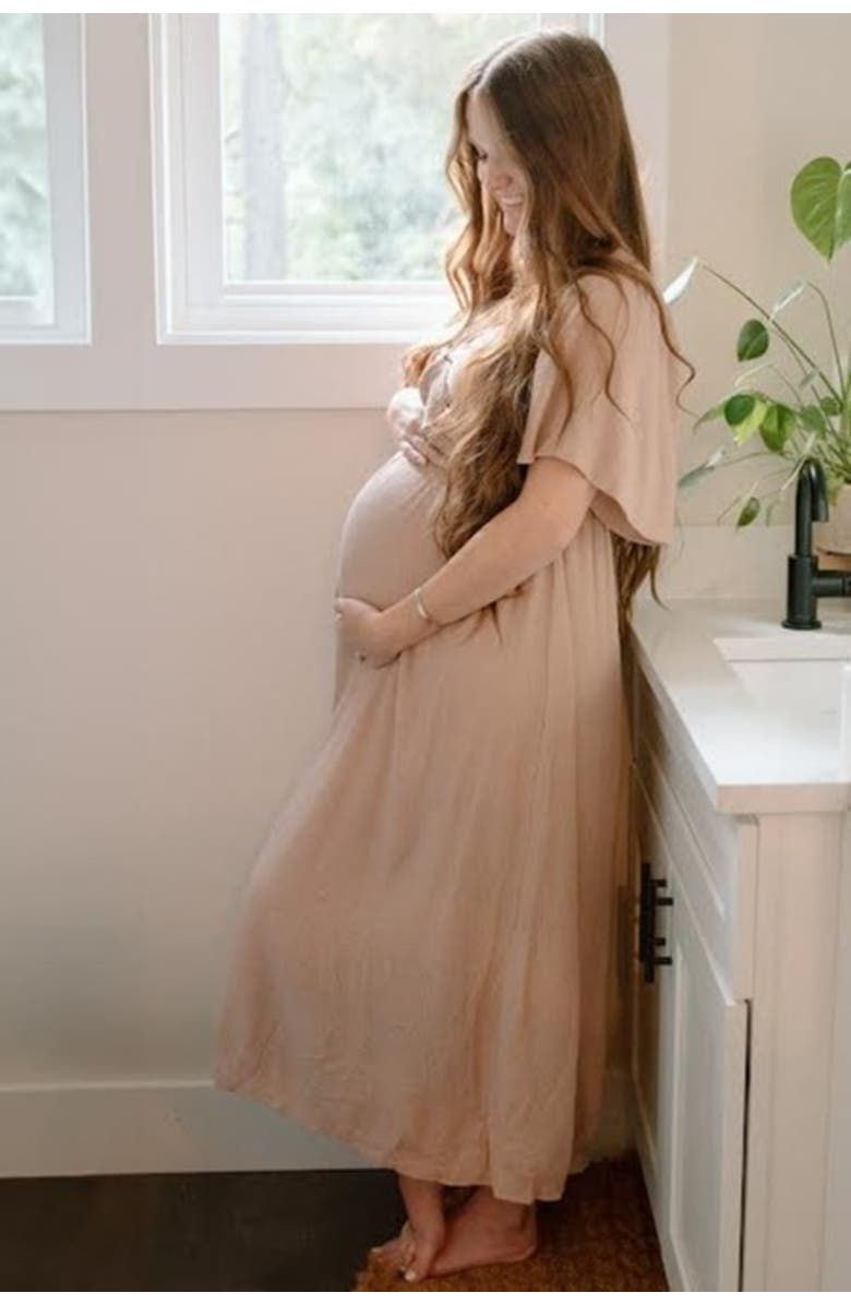 PinkBlush Front Tie Ruffle Sleeve Midi Dress, Alternate, color, Mocha