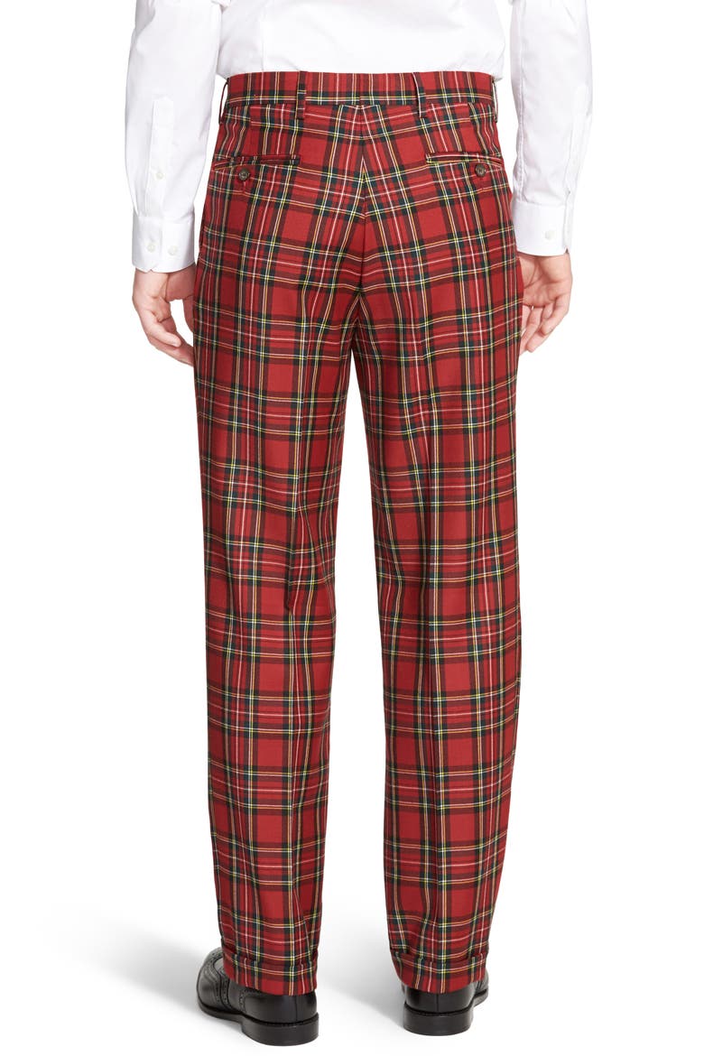 Touch Finish Pleated Classic Fit Plaid Wool Trousers, Alternate, color, RED