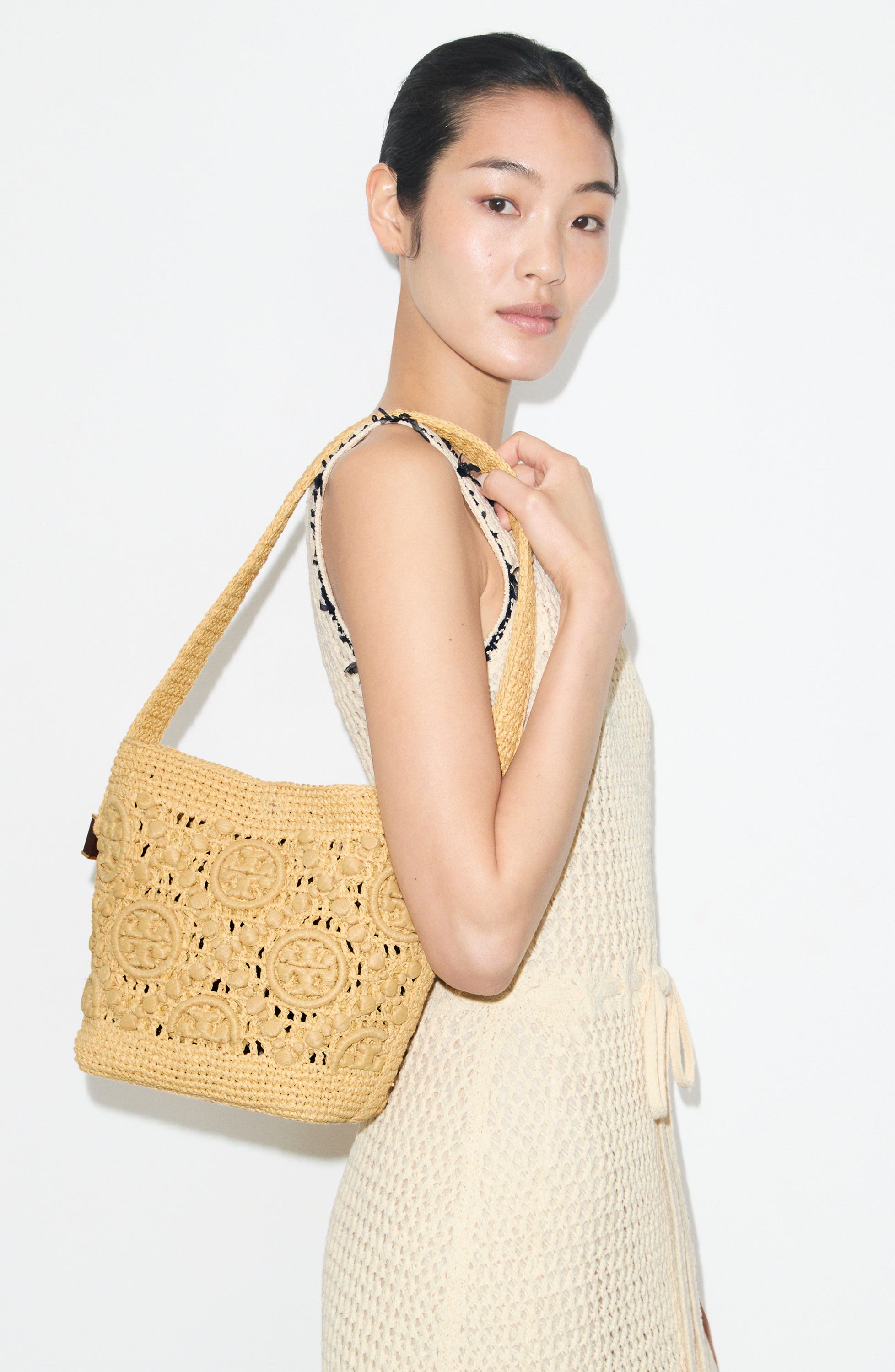 Lock T Monogram Crochet Slim Straw Shoulder Bag, Alternate, color, NATURAL