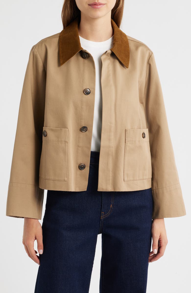FRAME Corduroy Collar Crop Jacket, Main, color, Khaki