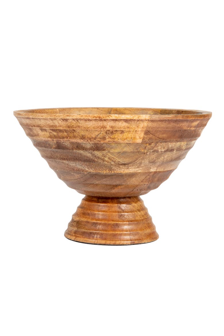 Boho Wood Pedestal Serving Bowl, Light Brown Finish, Alternate, color, Brown