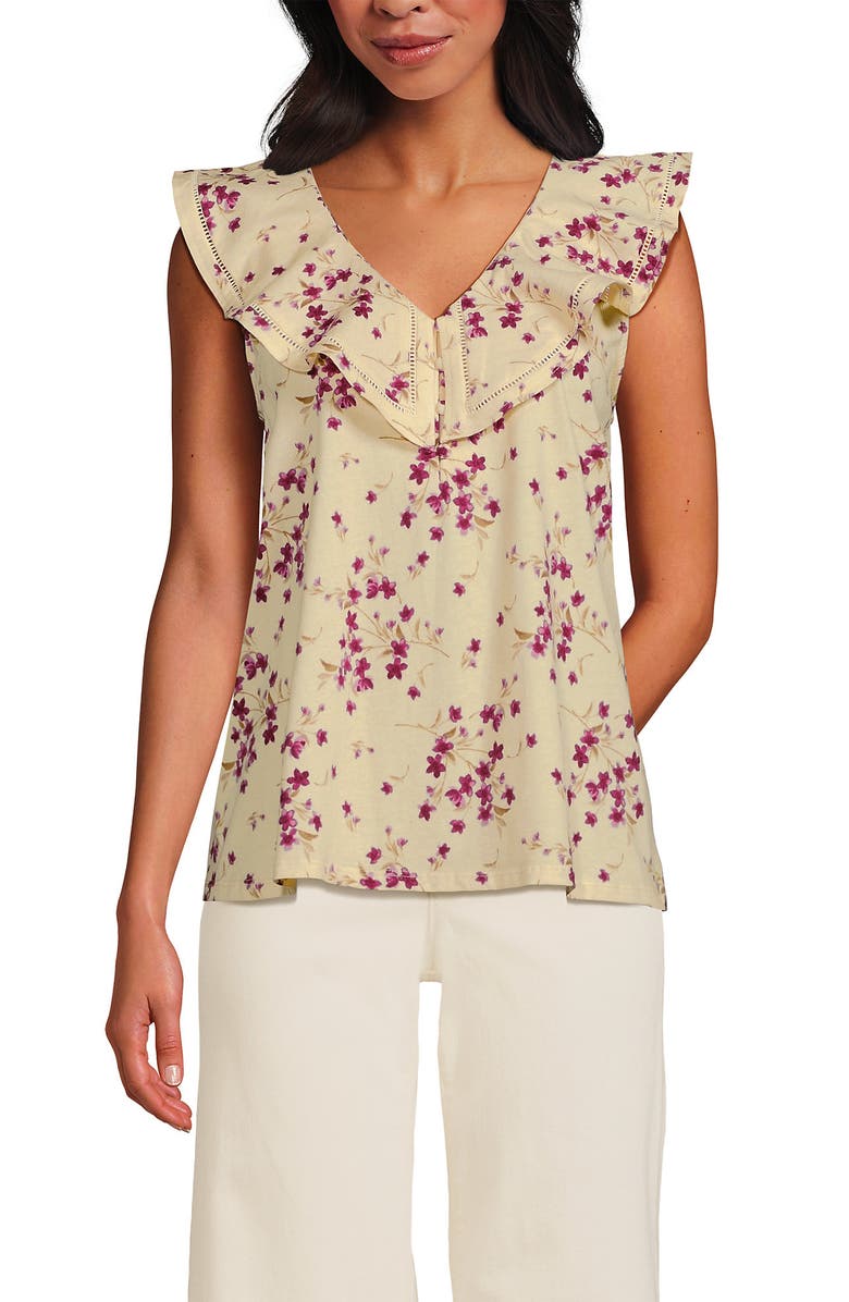 Lands' End V Neck Cascade Ruffle Top, Main, color, Cream/Granite Snowdrop Floral