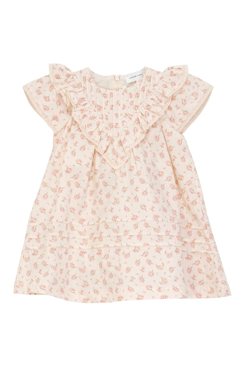 Girls' Floral V-Neck Jumper Dress with Ruffle Sleeves and Lace Trim, Main, color, Pink