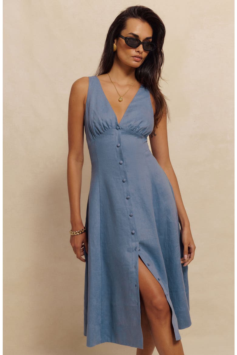 reformation sebastien linen dress Midi In Cornflower - 40% Off Sebastien Button Front Linen Midi