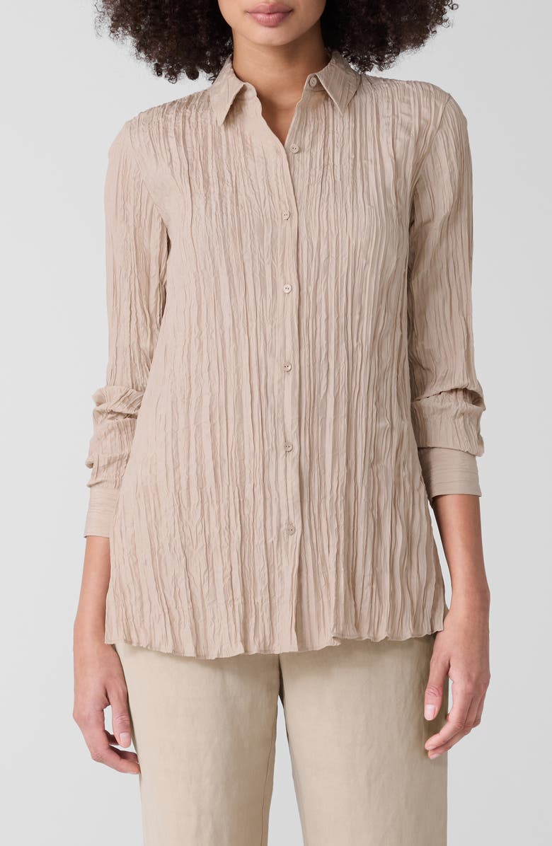 Eileen Fisher Plissé Silk Tunic Shirt, Main, color, Wheat