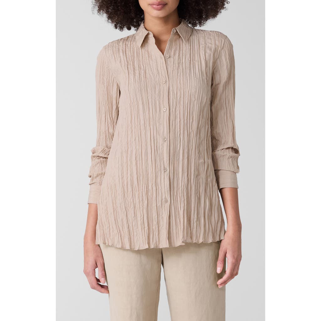 Eileen Fisher Crinkle Silk Habutai Classic Collar Shirt In White