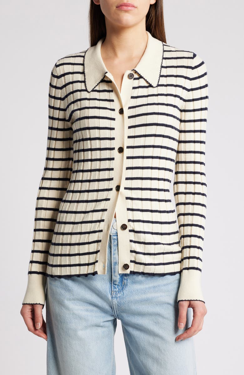 Rails Aurelia Stripe Long Sleeve Cotton & Silk Blend Cardigan, Main, color, Ivory Navy Stripe