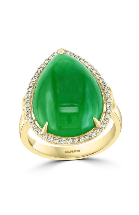 14K Yellow Gold Large Pear Jade & Diamond Ring