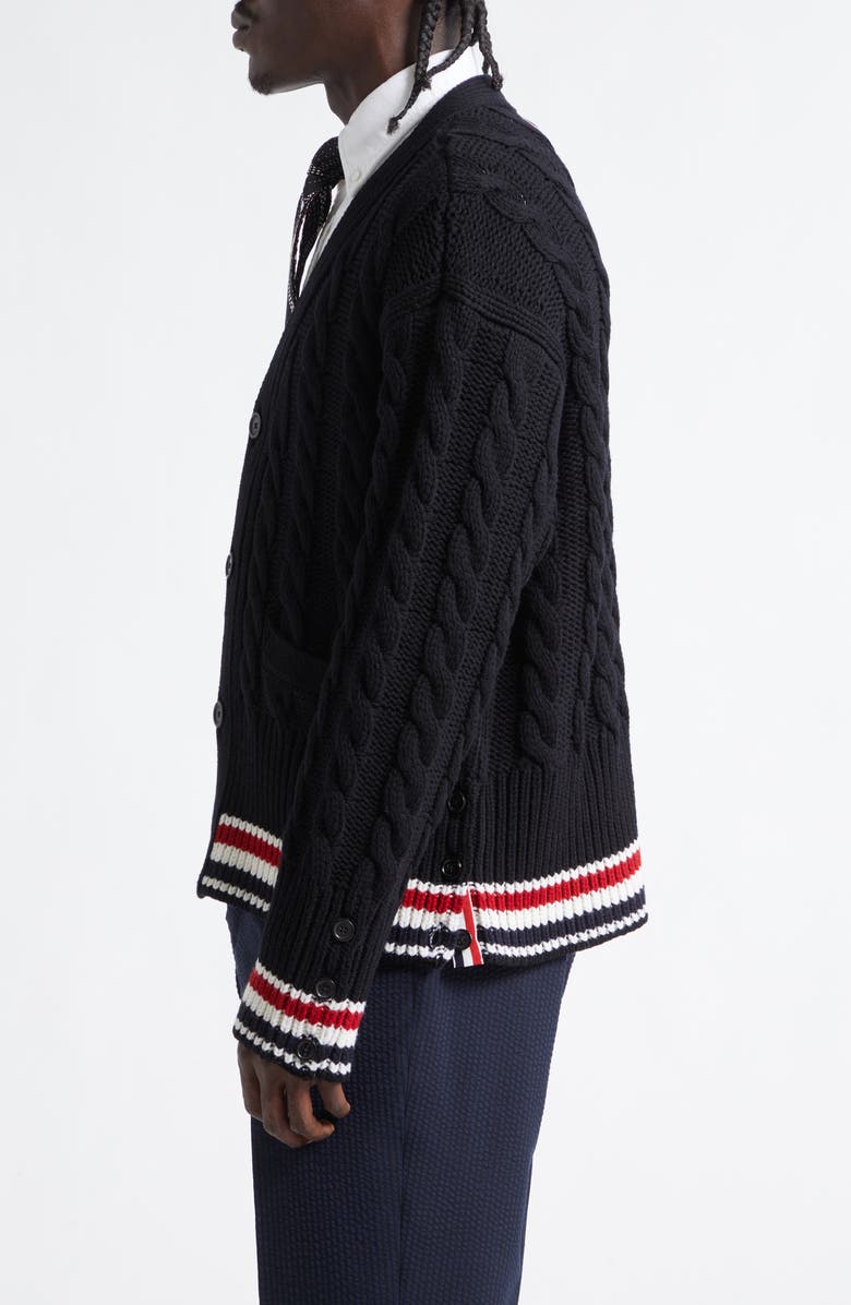 Thom Browne RWB Cable Knit Wool Cardigan, Alternate, color, Black