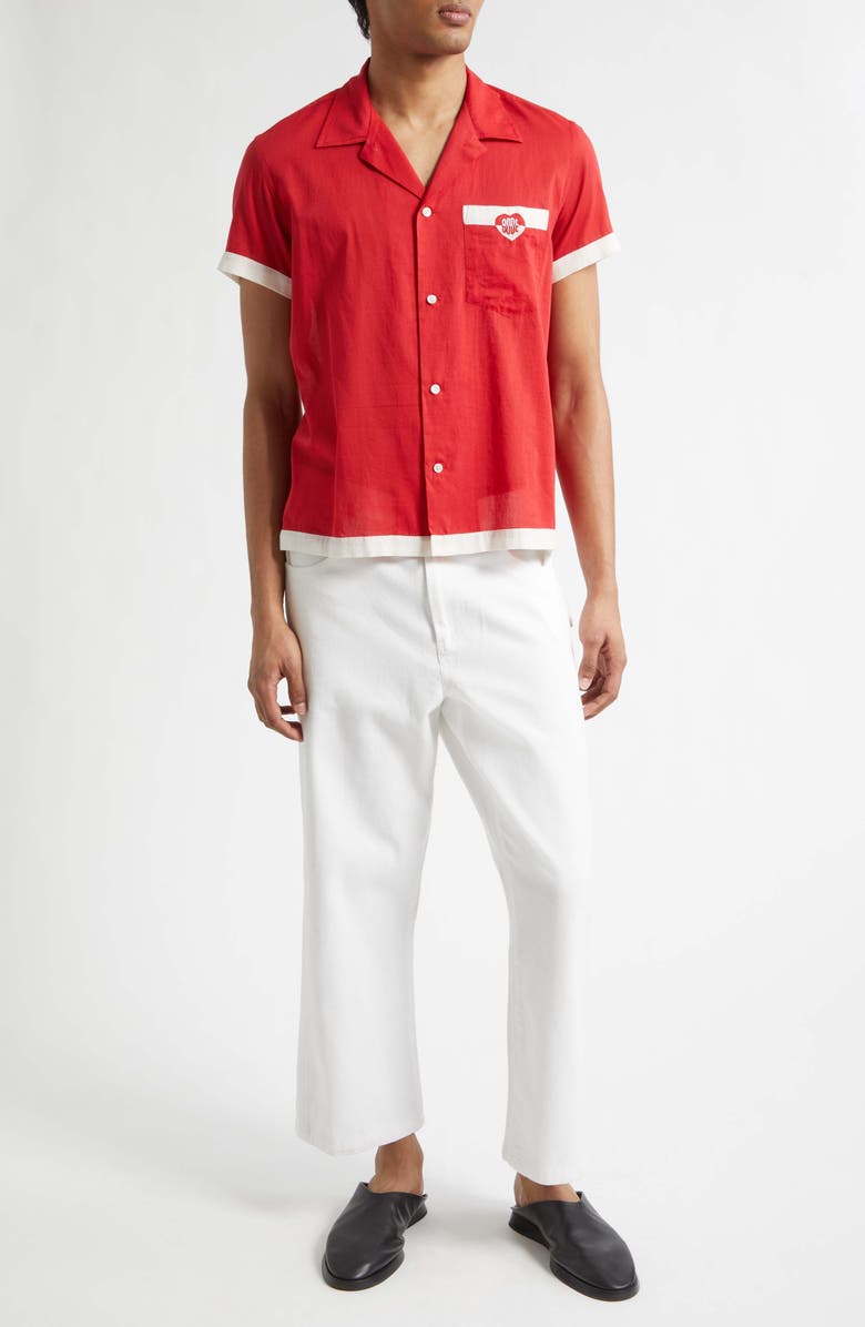 Bode Heart Deco Cotton Voile Camp Shirt, Alternate, color, Red White