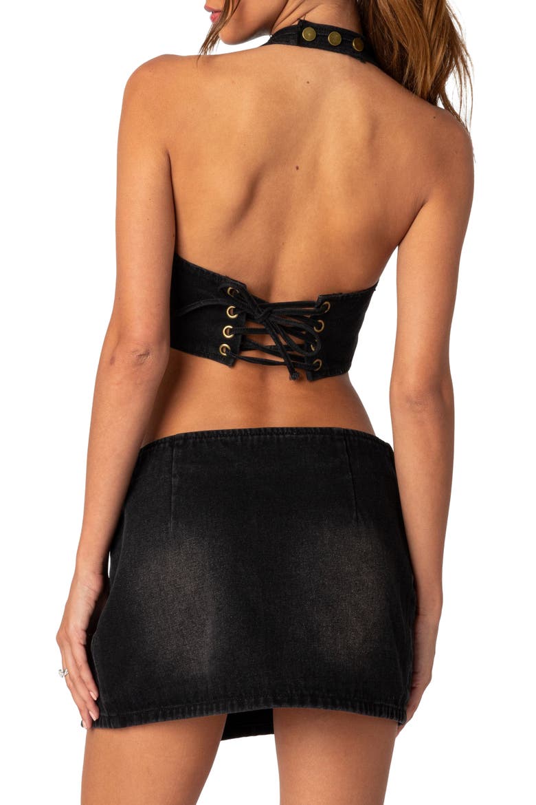 Katrina Lace-Up Denim Corset Halter Top, Alternate, color, BLACK-WASHED