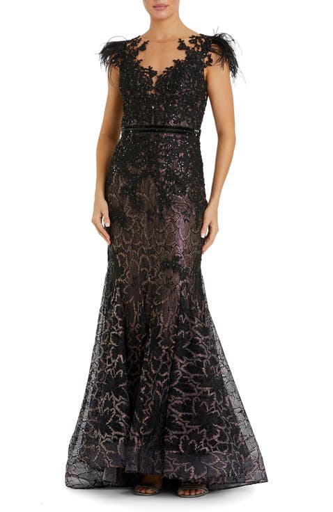 Embellished Feather Cap Sleeve Illusion Neck Trumpet Gown