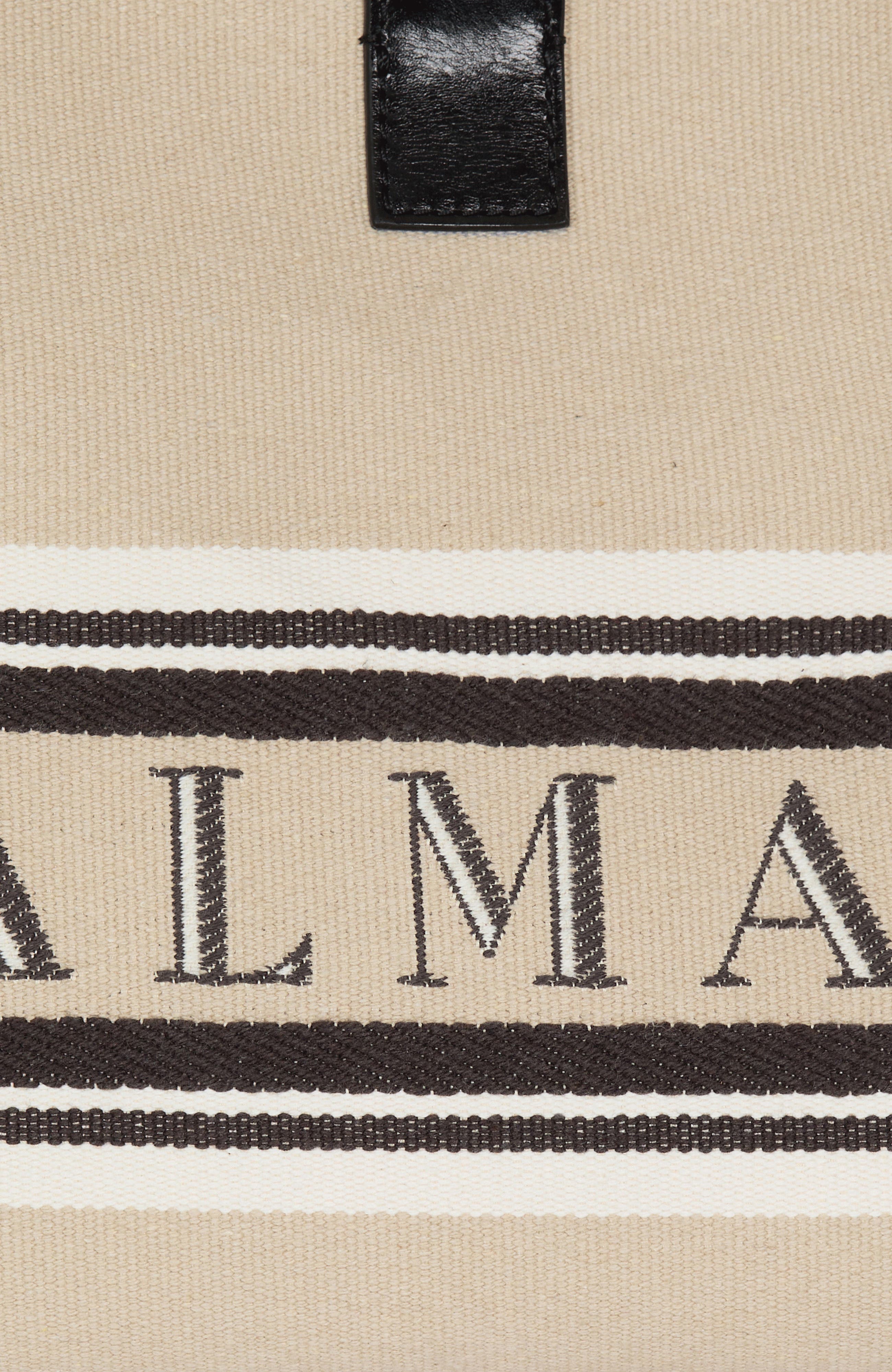 Balmain Small Release Shopper bag in canvas and calfskin, Alternate, color, Beige