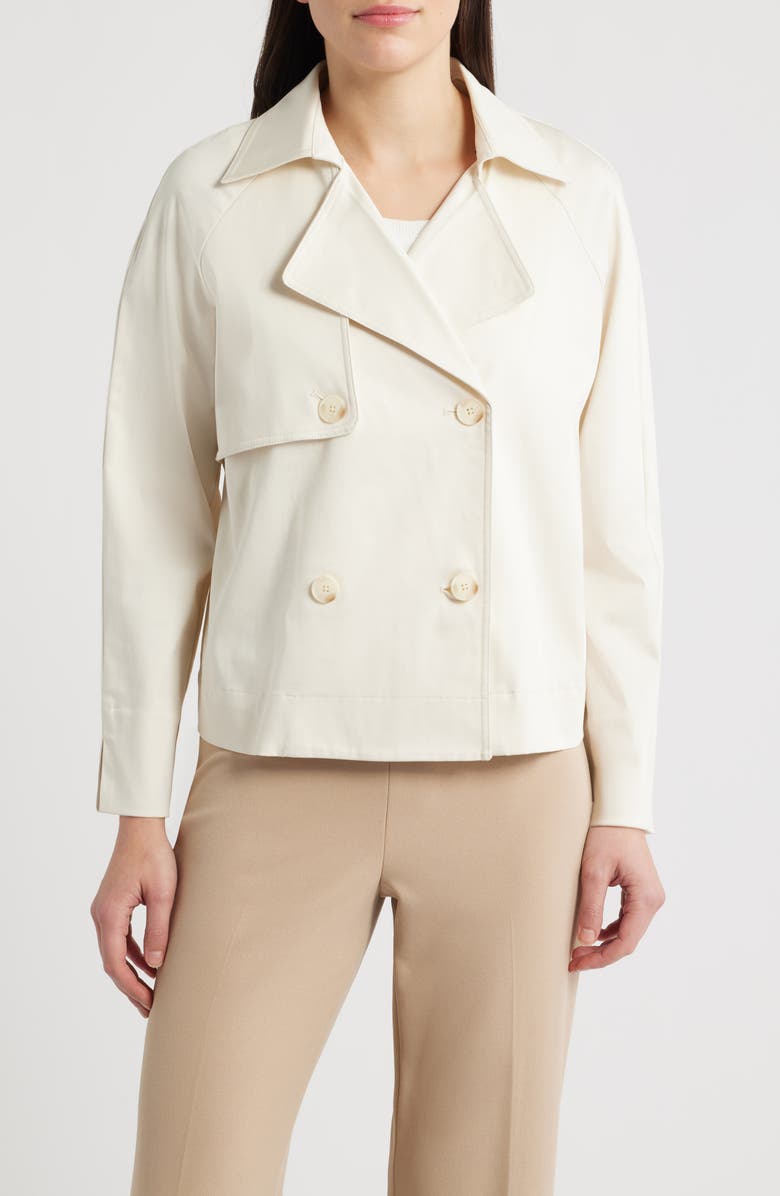 AK ANNE KLEIN Short Double Breasted Cotton Blend Trench Coat, Alternate, color, White Dove