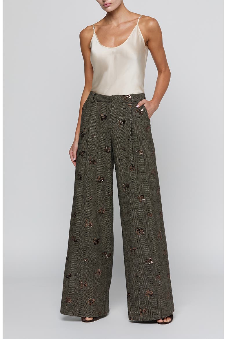 Allanah Mid Rise Wide Leg Herringbone Trousers, Alternate, color, BEIGE/BLACK GOLD FLOWER SEQUIN