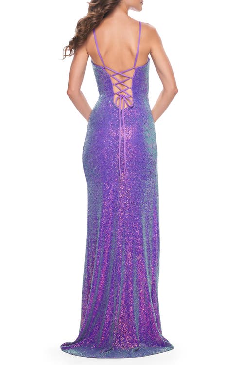 La Femme Bustier Sequin Neon Prom Dress With Lace Up Back In Purple